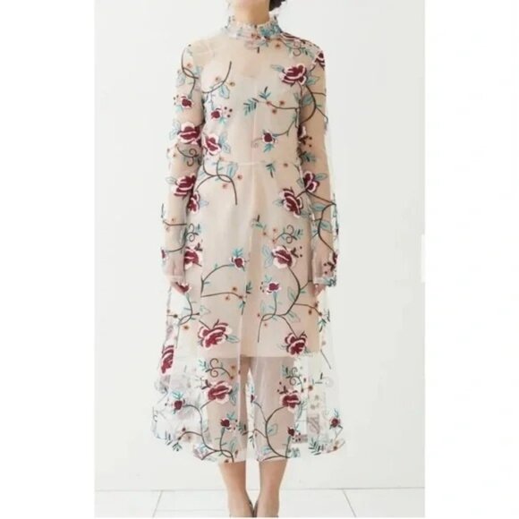 NWT Endless Rose Women's Embroidered Boho Sheer Overlay Midi Dress Sz Xs 2452 - Picture 4 of 16